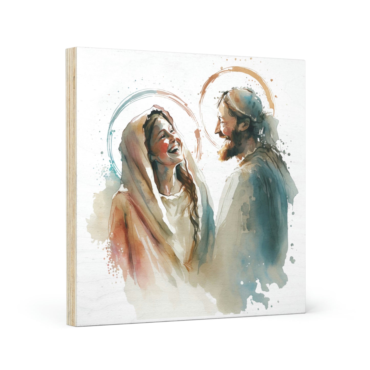 Mary and Joseph watercolor, Wood Canvas