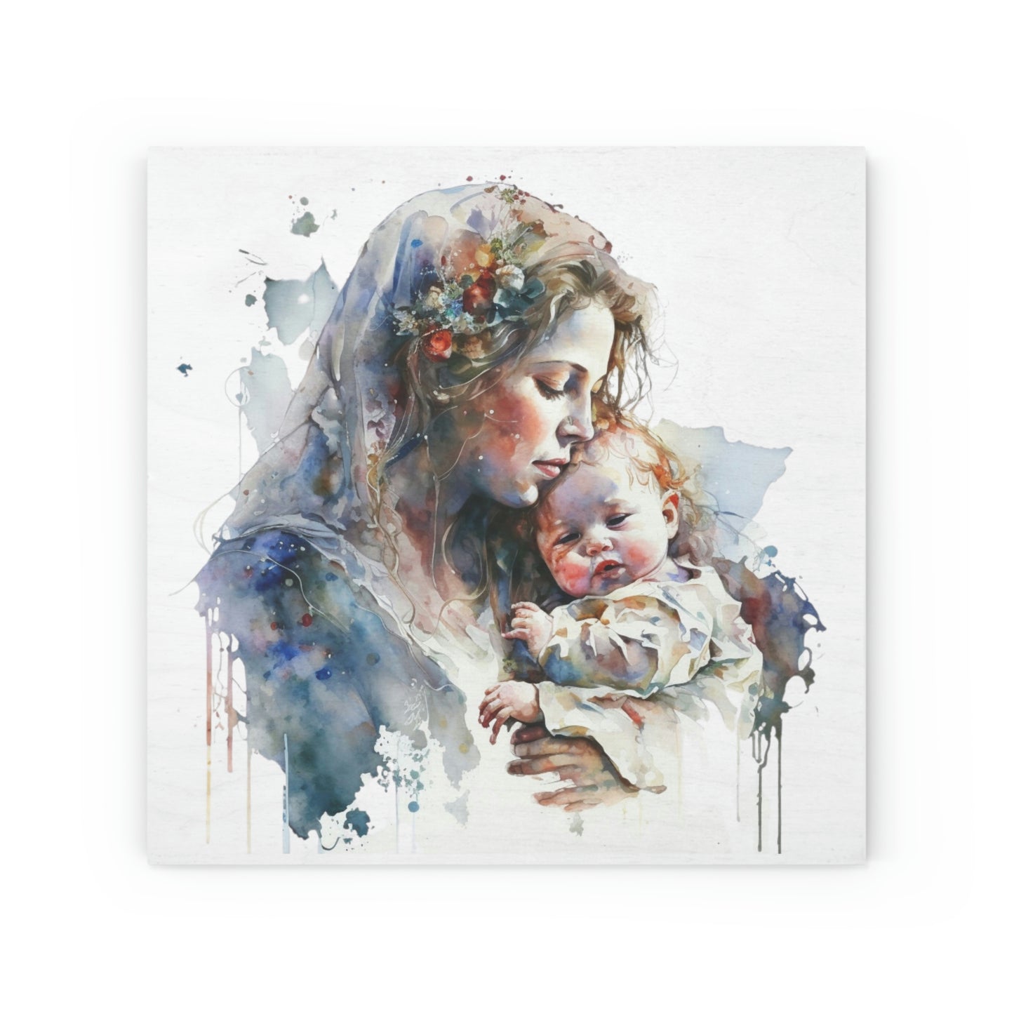 Mary and baby Jesus watercolor, Wood Canvas