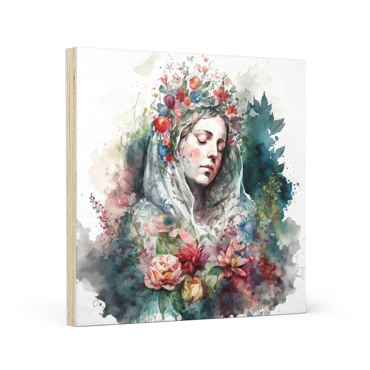 Watercolor Mary with flowers, Wood Canvas