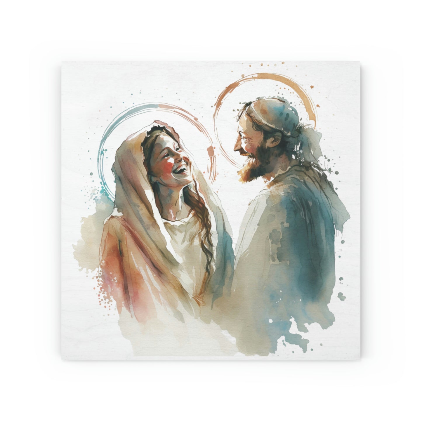 Mary and Joseph watercolor, Wood Canvas