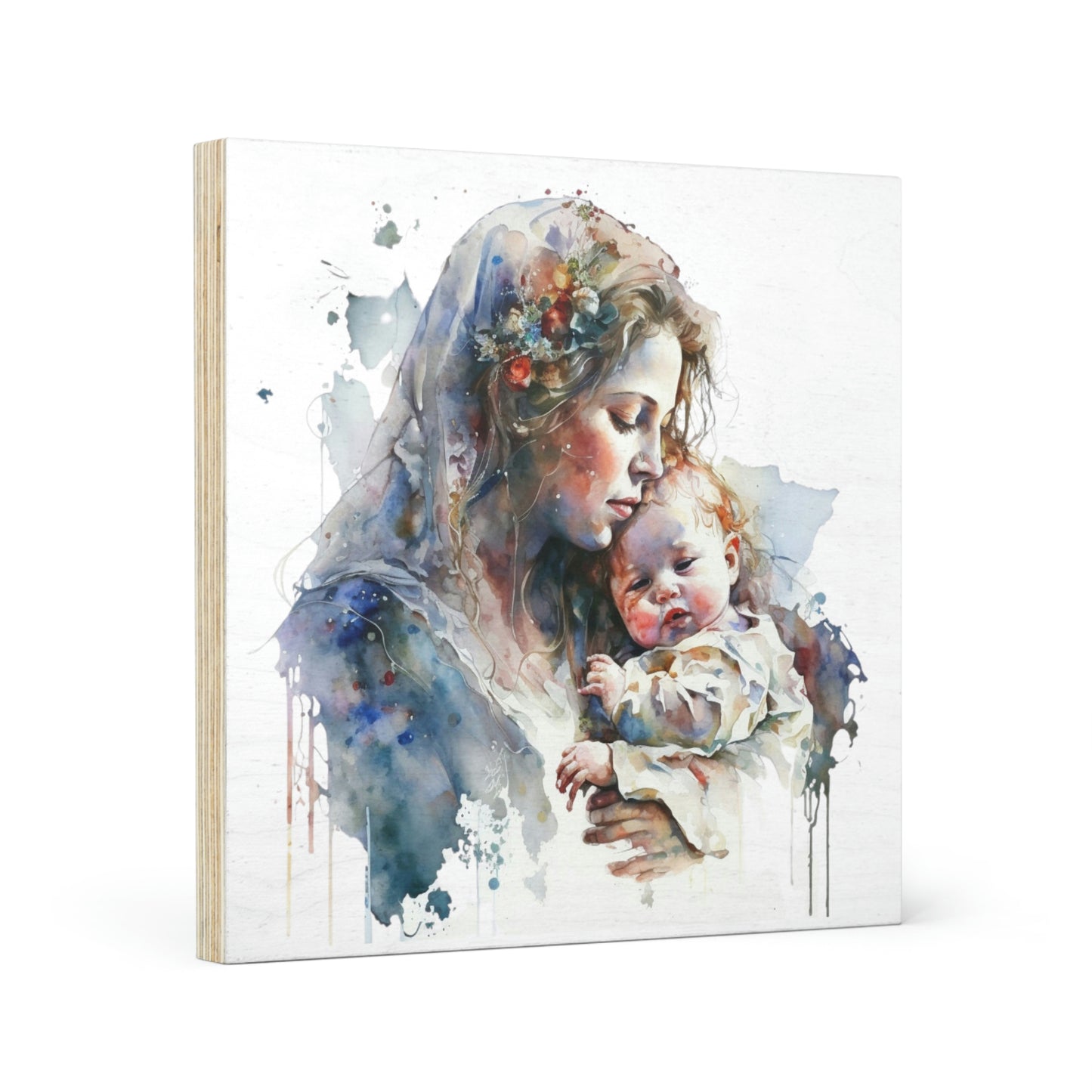 Mary and baby Jesus watercolor, Wood Canvas