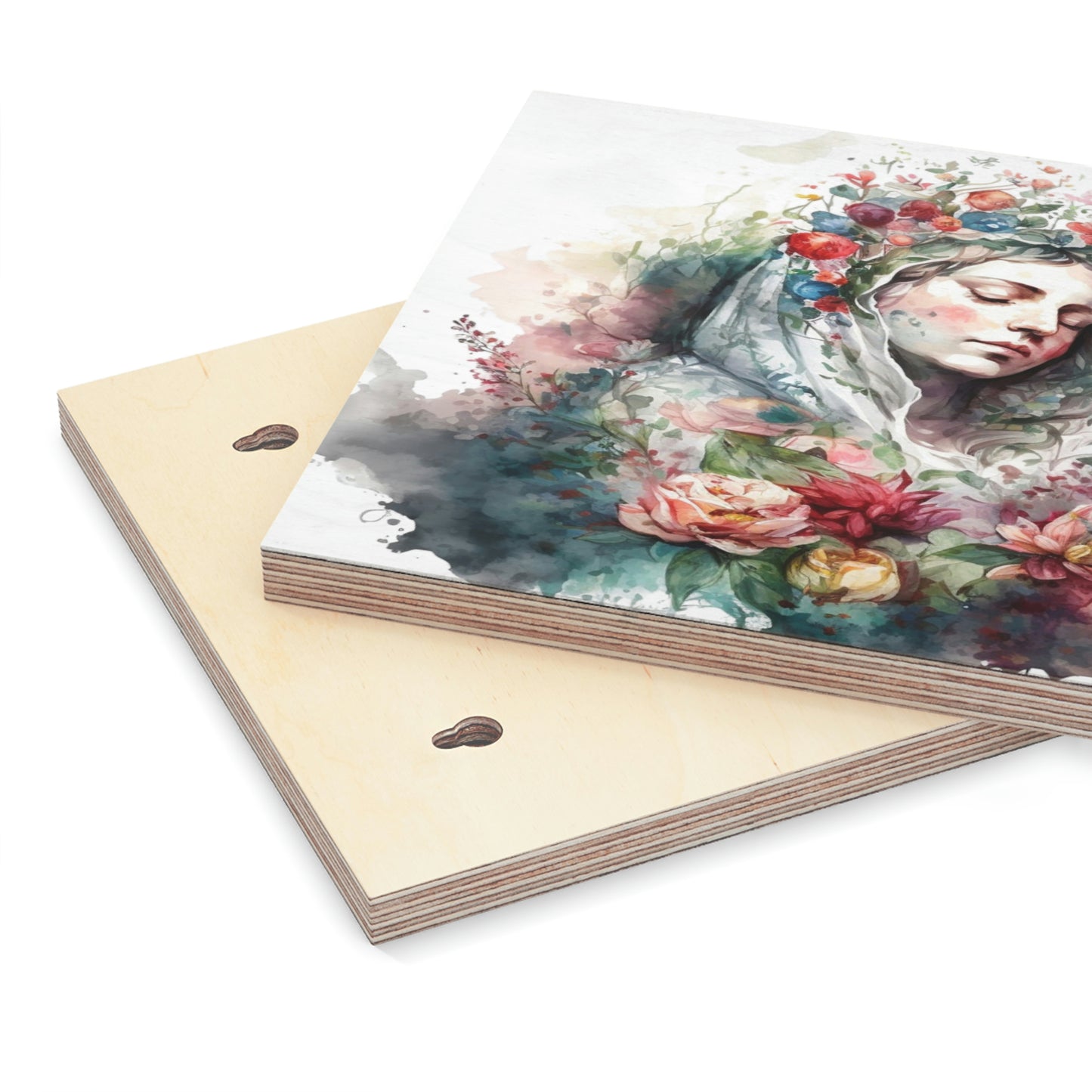 Watercolor Mary with flowers, Wood Canvas